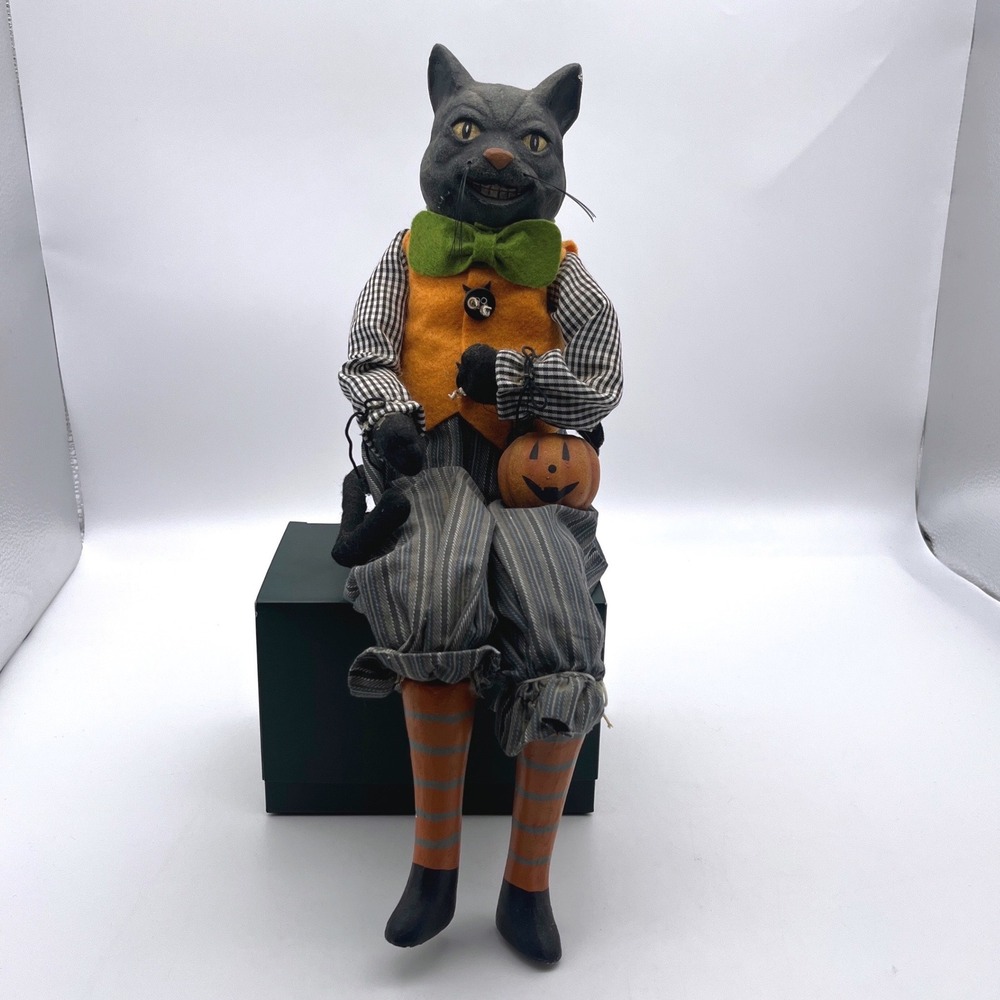 Vintage Halloween Primitive Folk Art Black Cat Shelf Sitter 17.5" Decor CJF